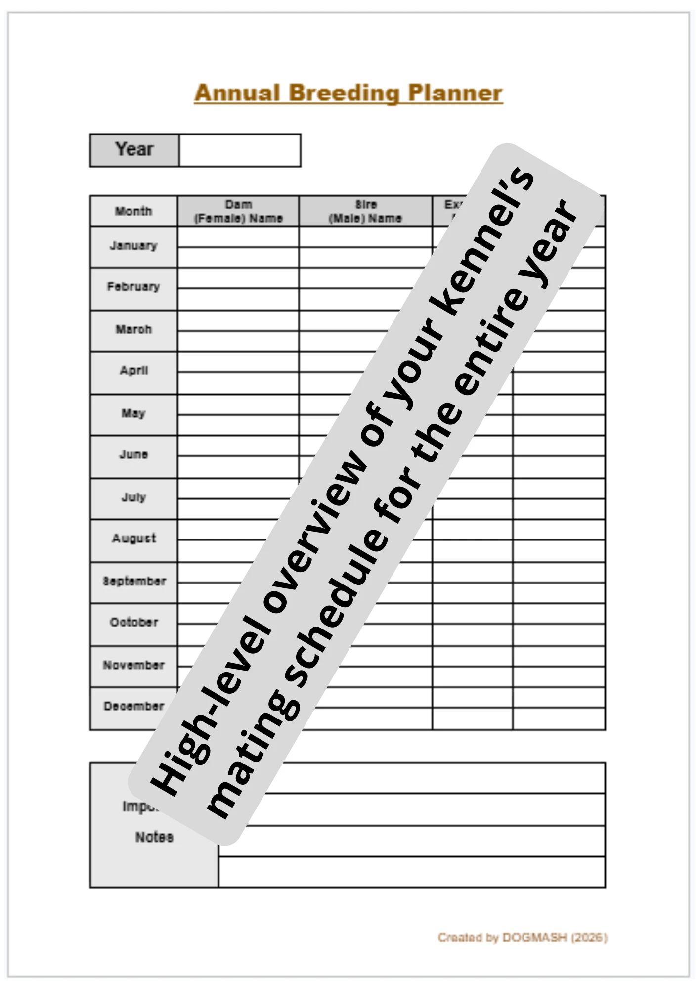 Editable Annual Dog Breeding Planner and Mating Schedule