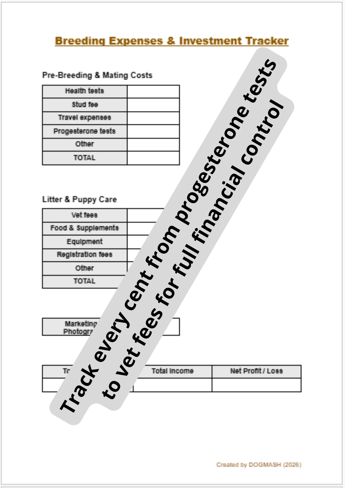 Editable Dog Breeding Expenses and Vet Fees Tracker