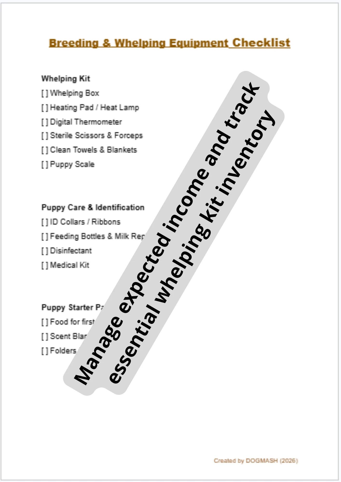 Editable Dog Breeding and Whelping Equipment Checklist