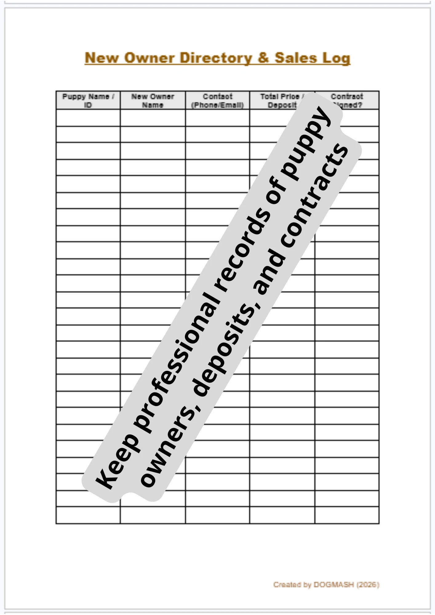 Editable New Puppy Owner Directory and Sales Contract Log