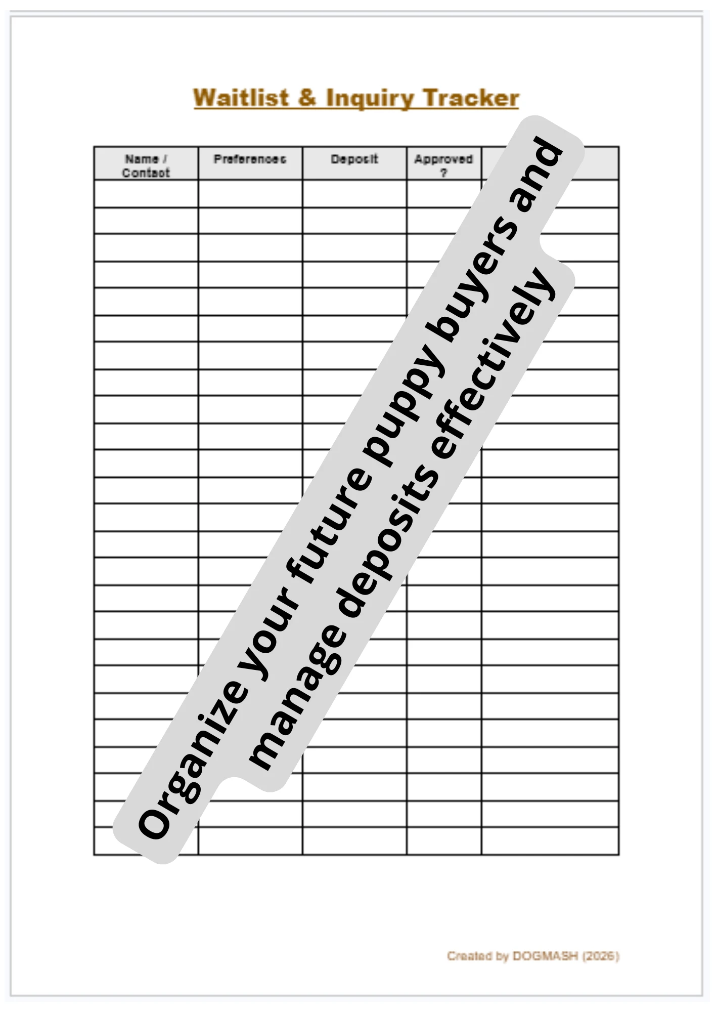 Editable Puppy Buyer Waitlist and Inquiry Tracker