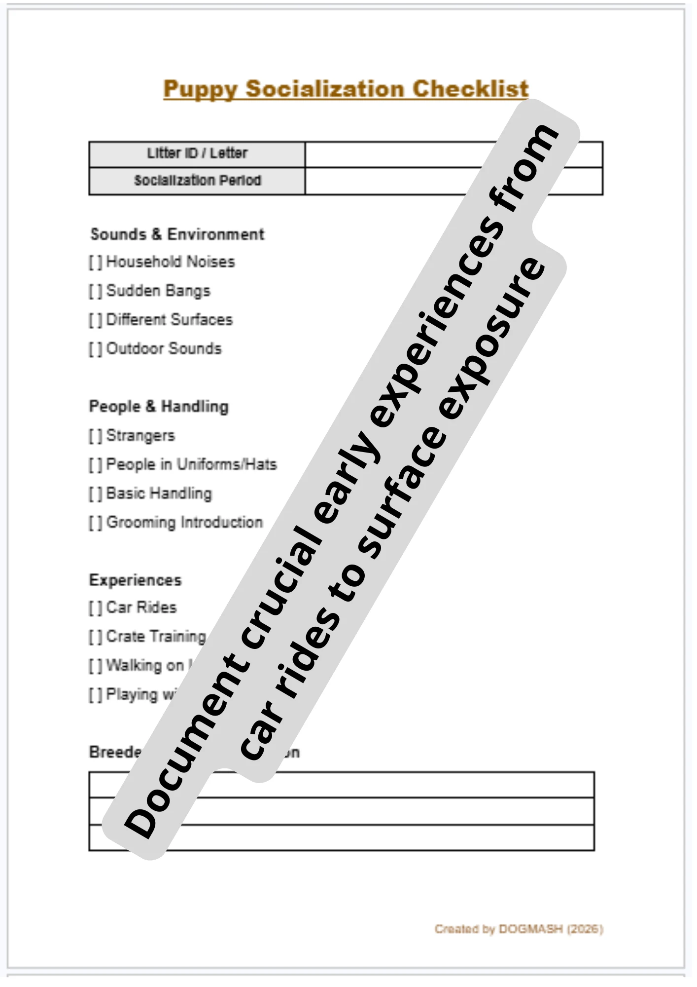 Editable Puppy Socialization and Environmental Exposure Checklist