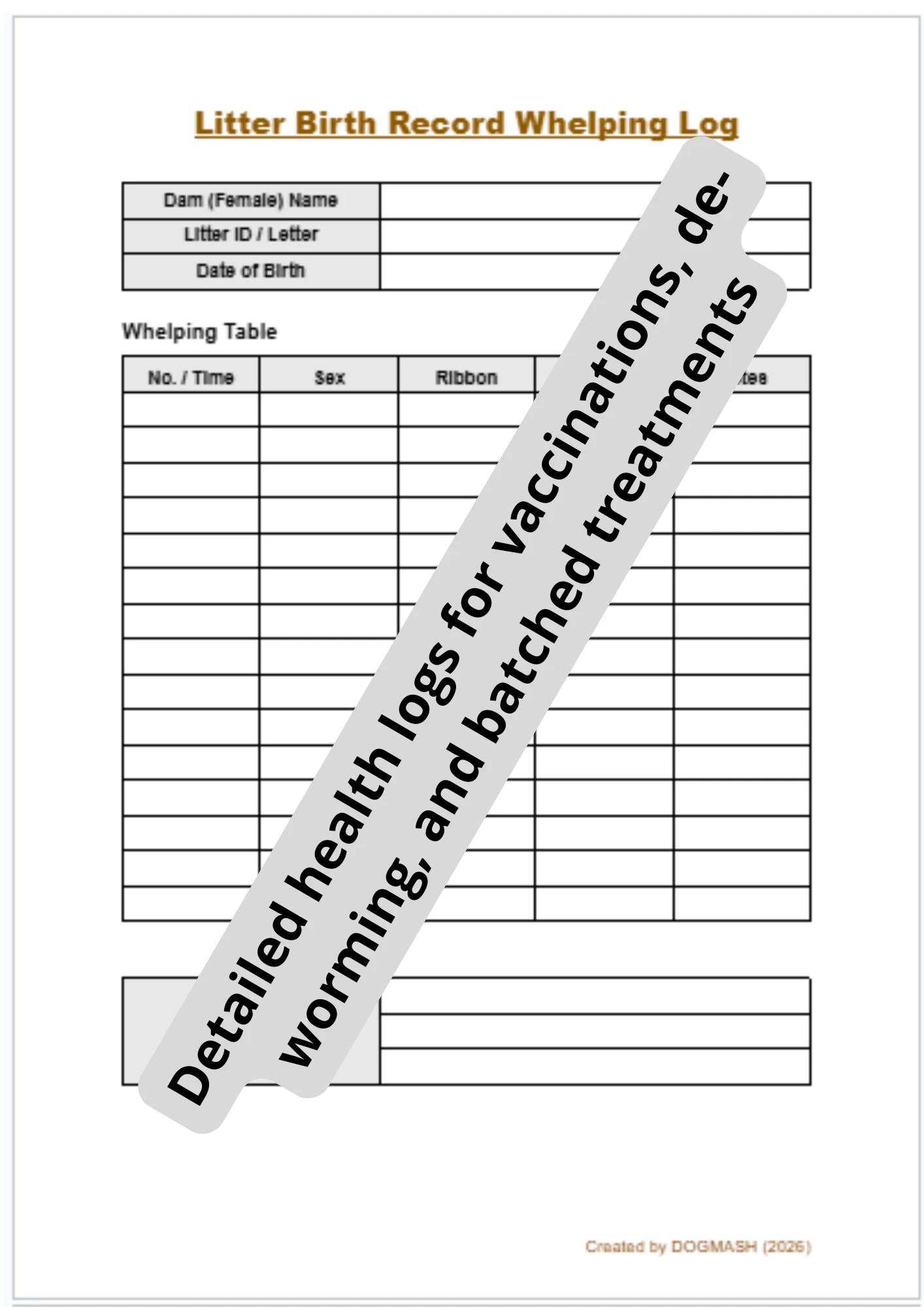 Editable Litter Birth Record and Whelping Table Template