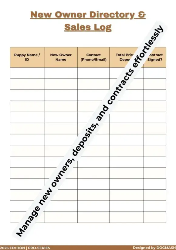 New Puppy Owner Directory and Sales Contract Log