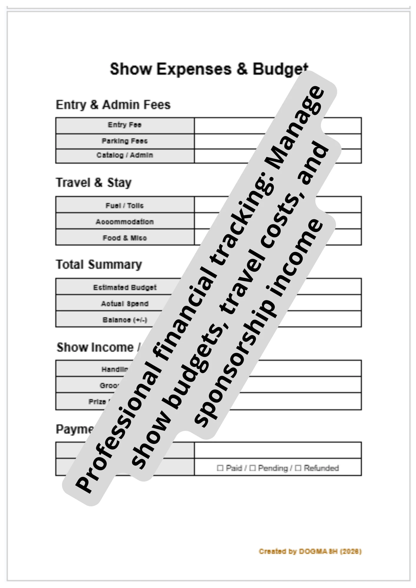 Editable Dog Show Expenses and Budget Tracker