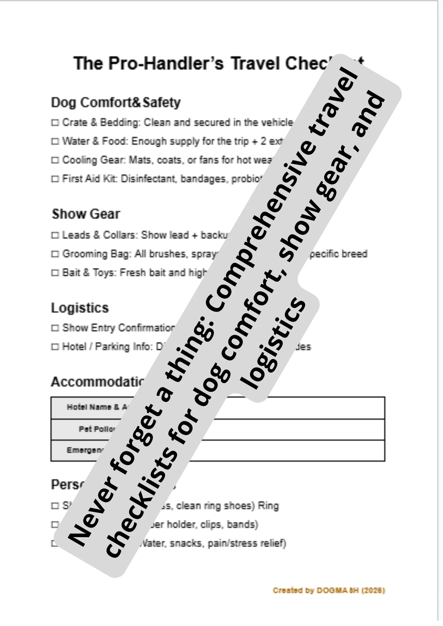 Editable Professional Dog Handler Travel Checklist