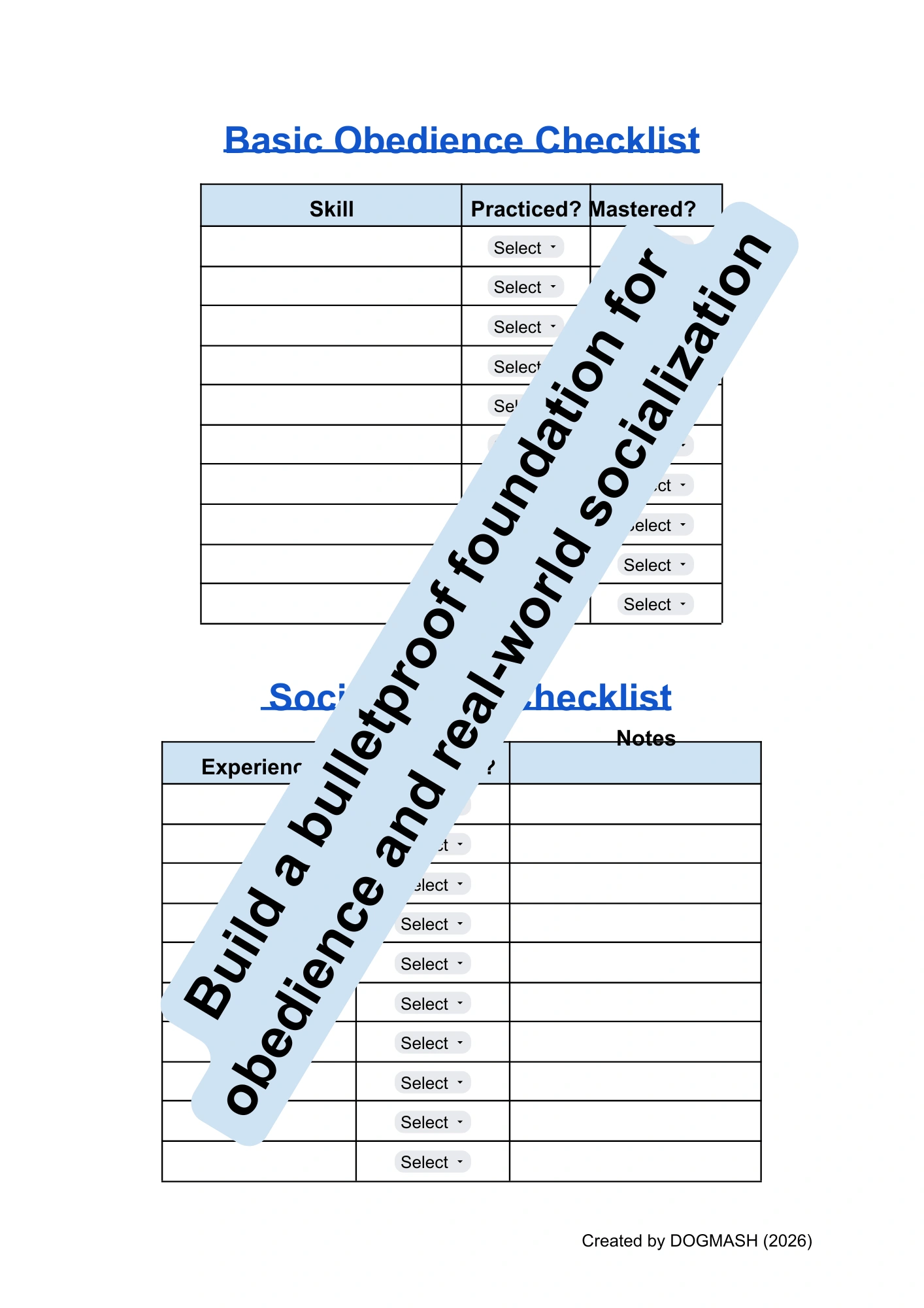 Editable Dog Training Session Prep and Progress Checklist