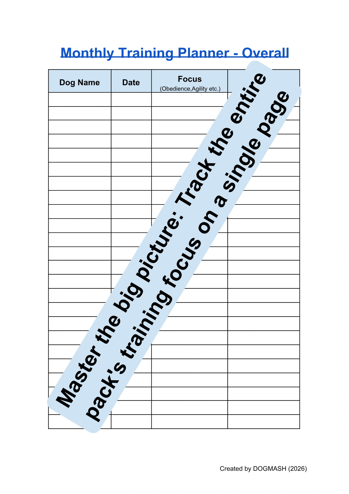 Editable Daily Dog Training Blueprint and Duration Log