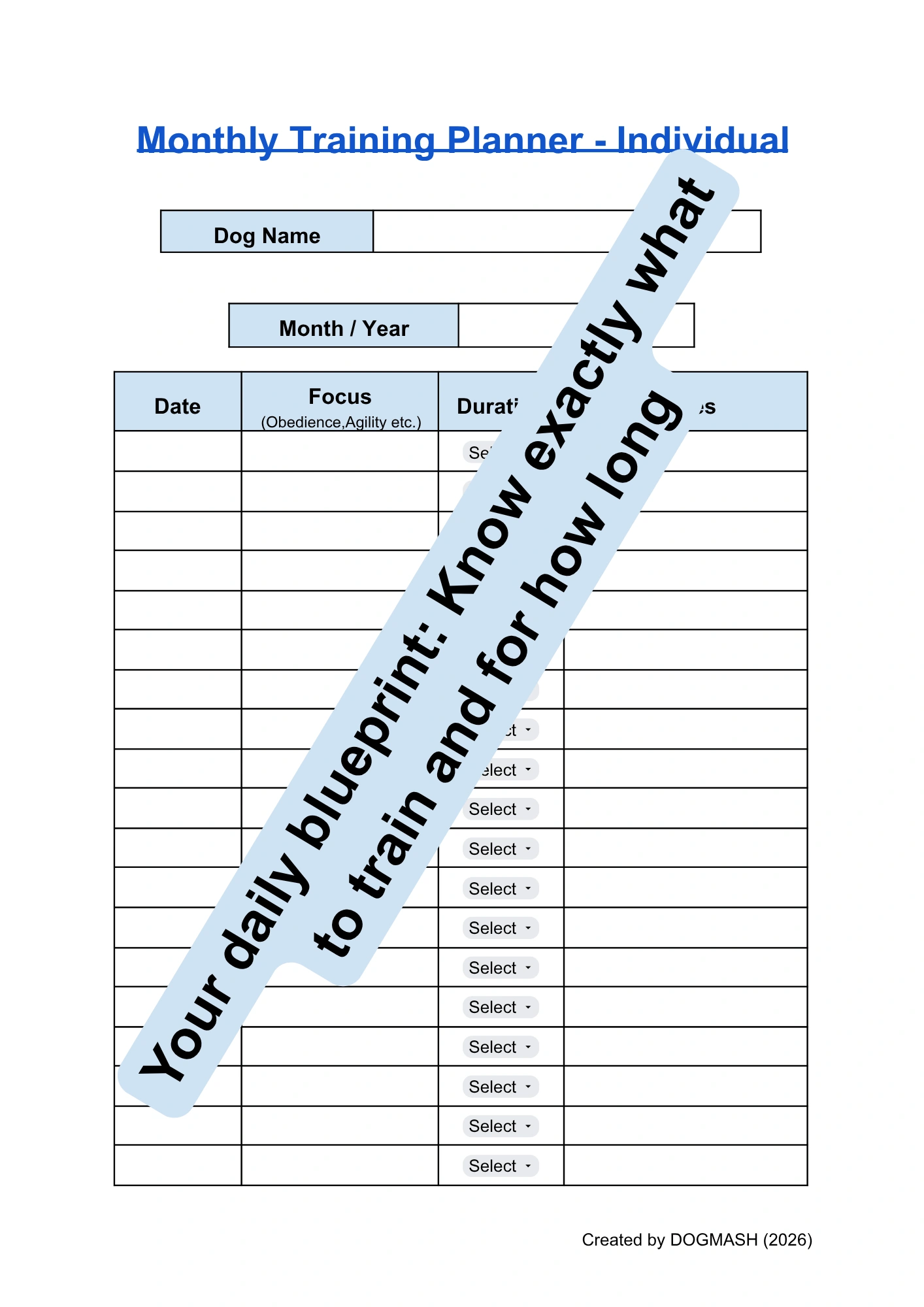 Editable Dog Training Session Log and Success Rate Tracker