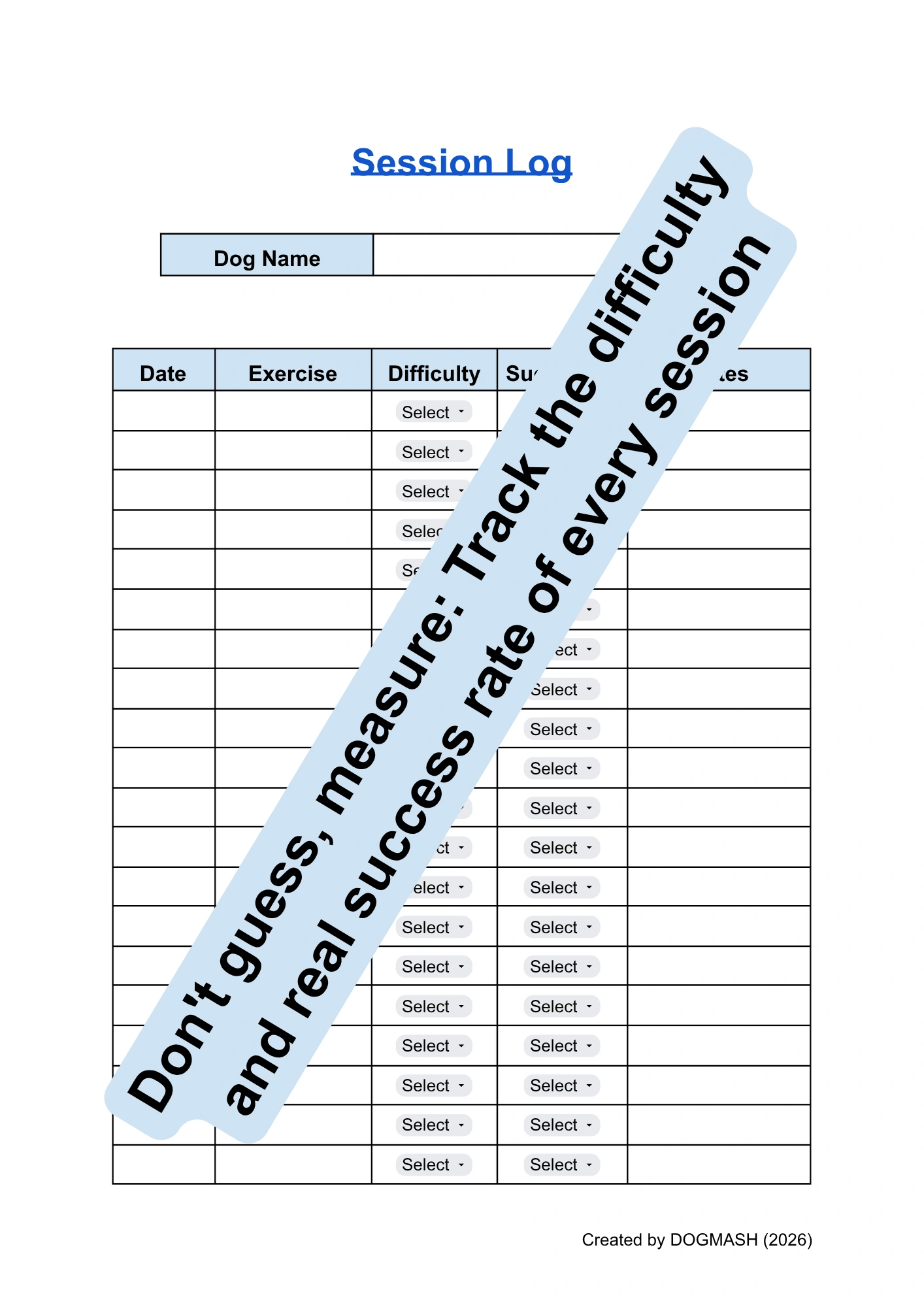 Editable Dog Training Skill Tracker and Mastery Log